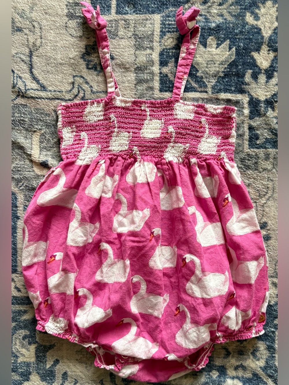 Pink Chicken Pink Swan Print Smocked Baby Romper